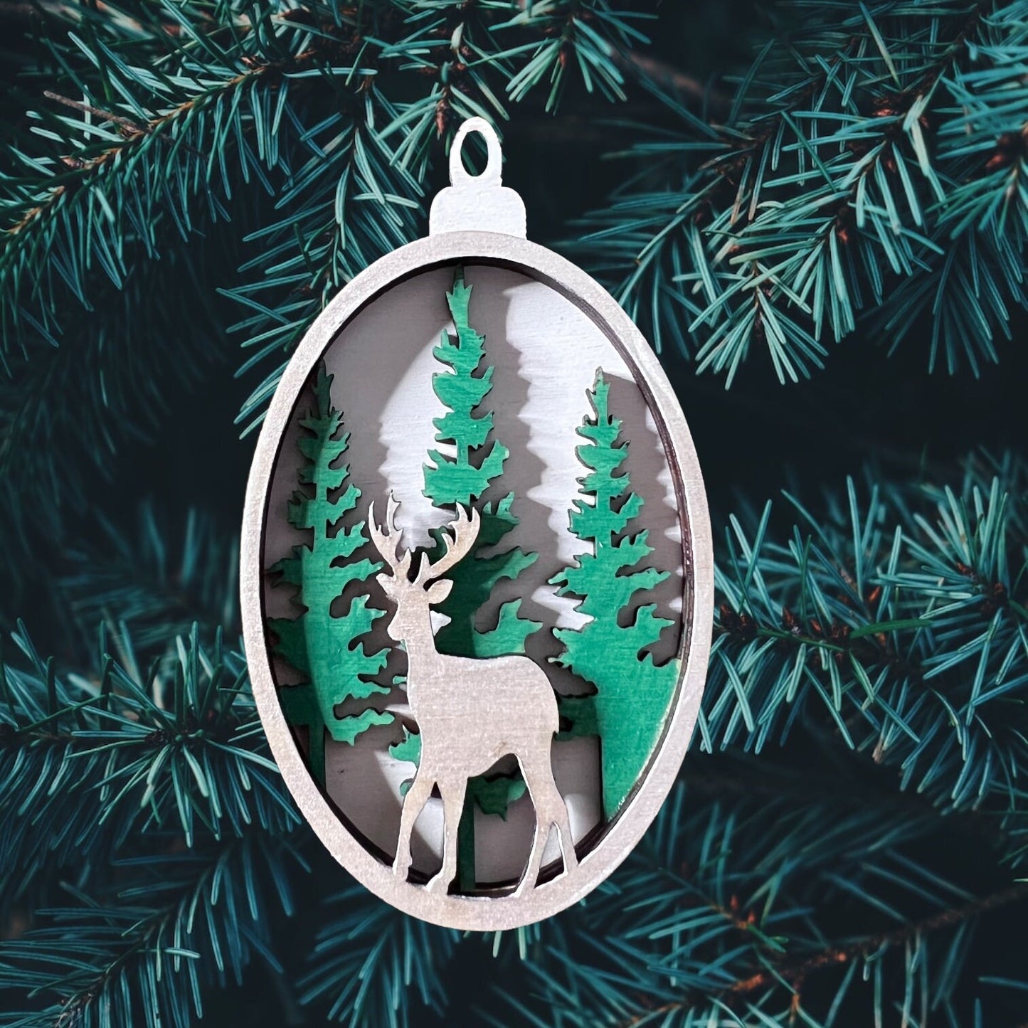 Woodland deer christmas ornament, birch wood, laser cut, hand painted.