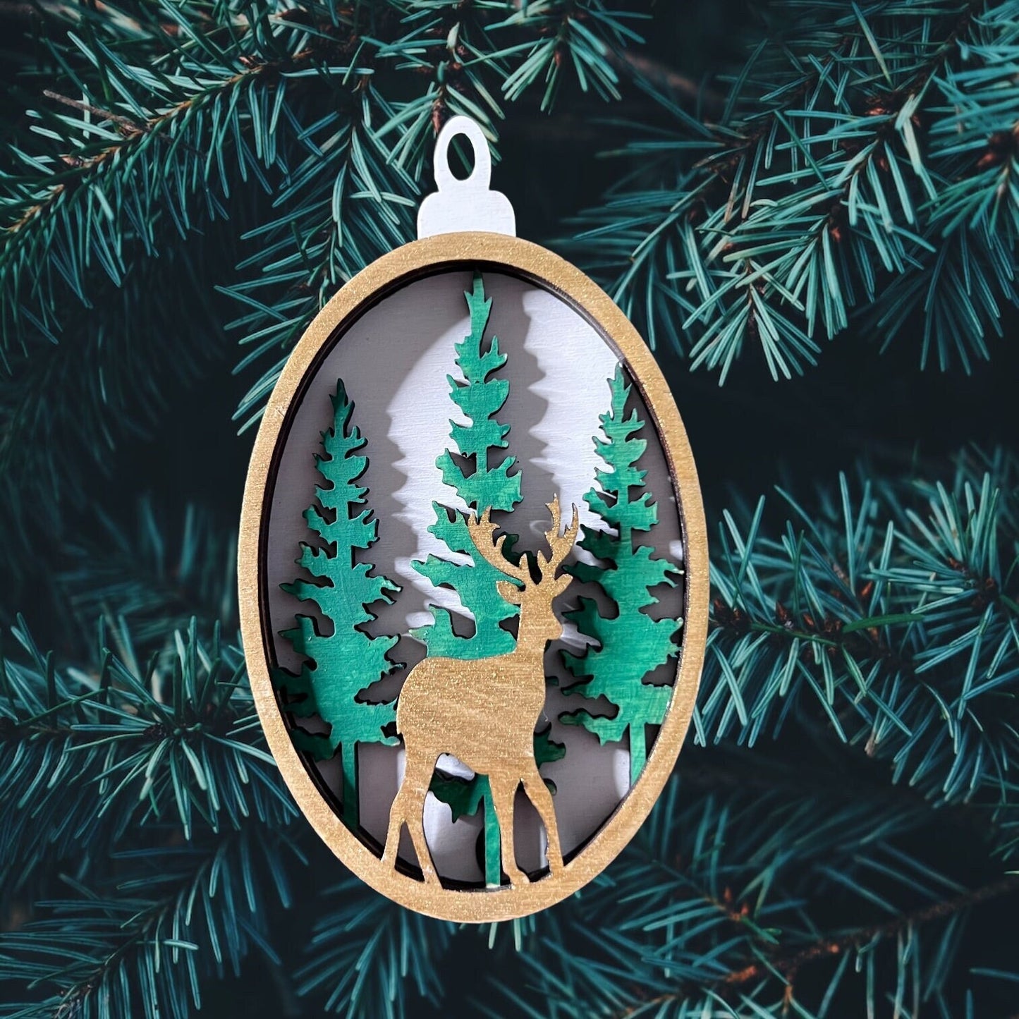 Woodland deer christmas ornament, birch wood, laser cut, hand painted.