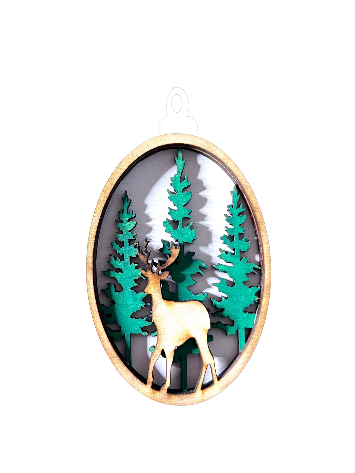 Woodland deer christmas ornament, birch wood, laser cut, hand painted.