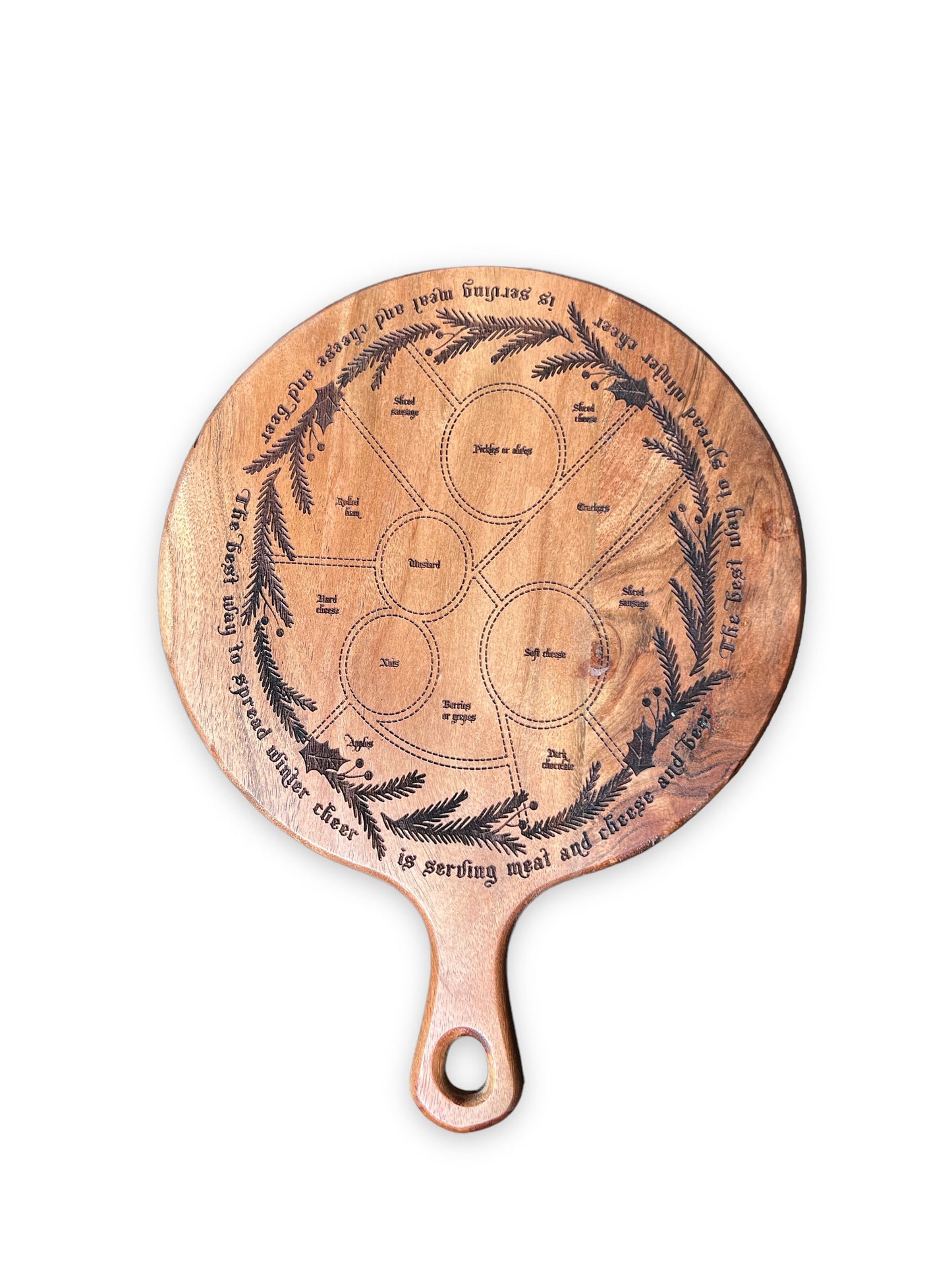 Holiday Charcuterie Board with handle. Acacia Wood, Laser Engraved Charcuterie Template