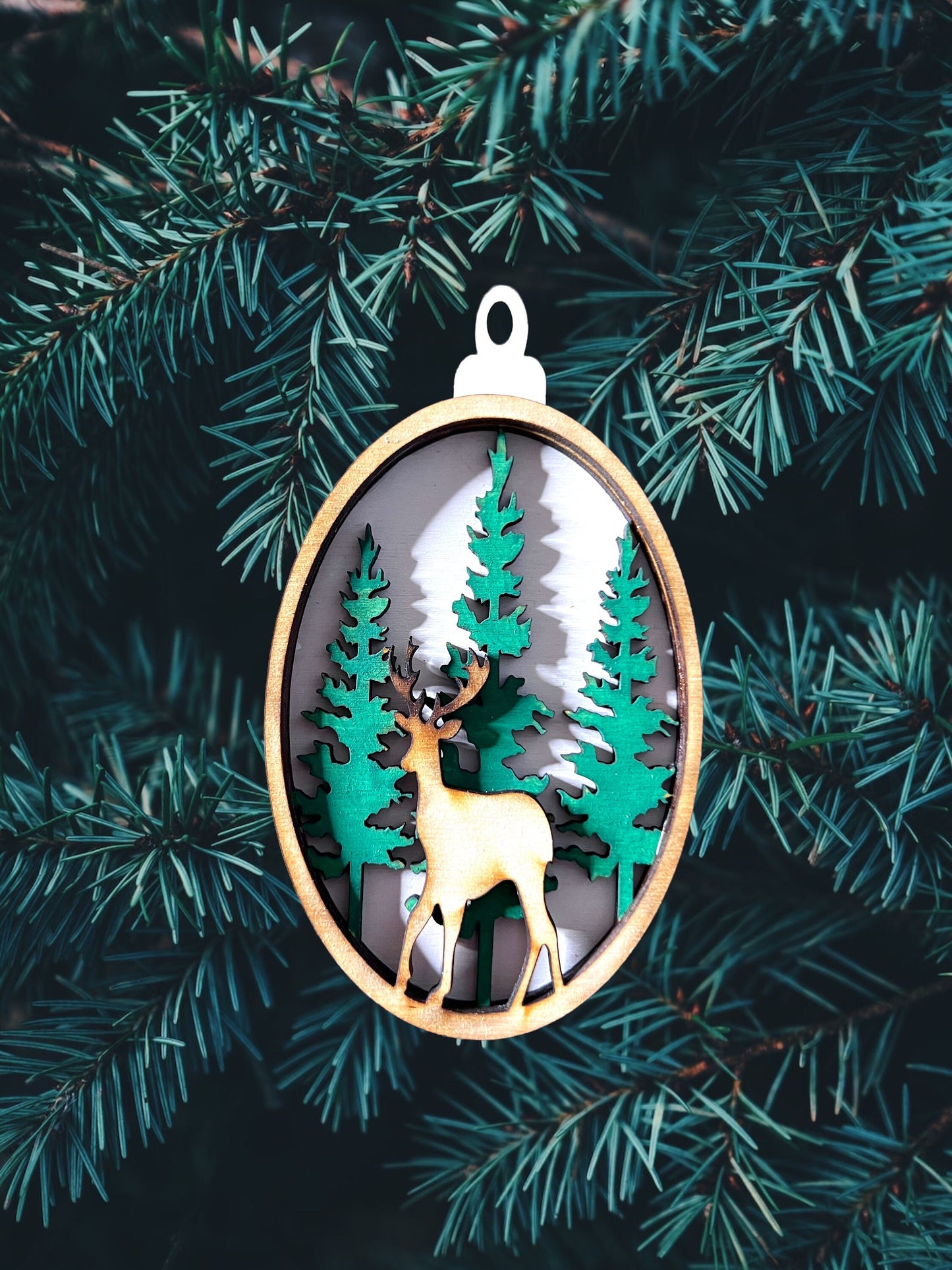 Woodland deer christmas ornament, birch wood, laser cut, hand painted.