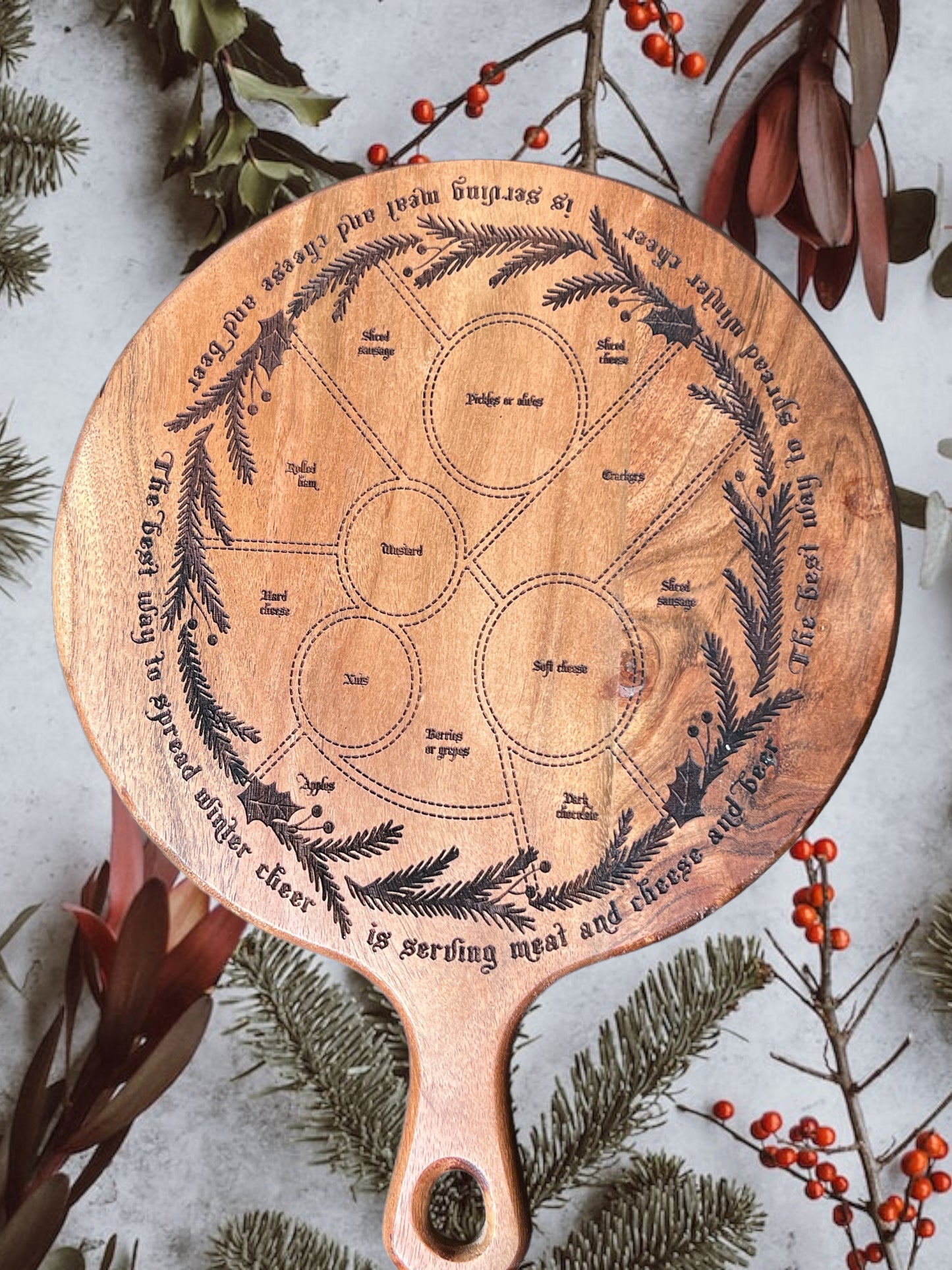Holiday Charcuterie Board with handle. Acacia Wood, Laser Engraved Charcuterie Template