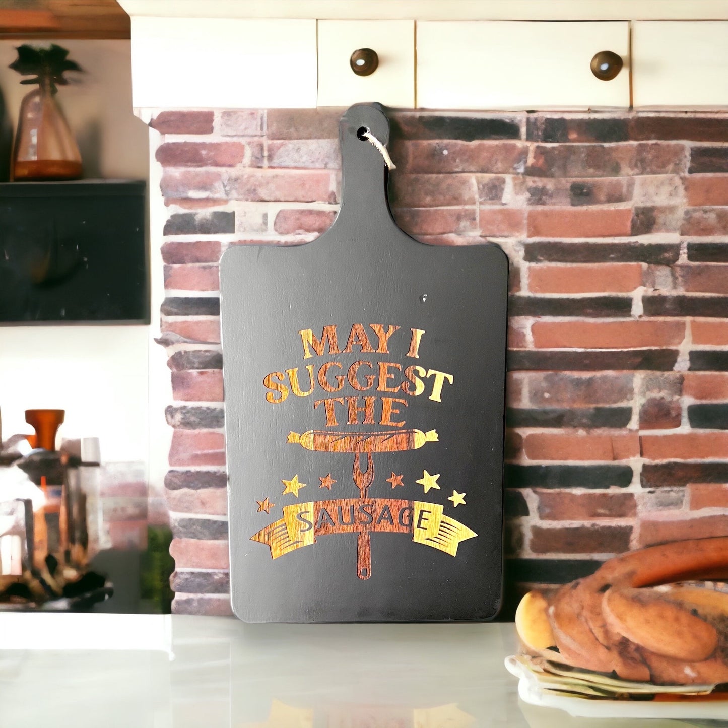 BBQ lovers black & acacia wood cutting board, serving board.