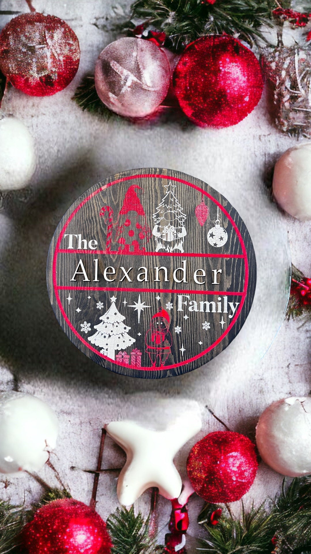 Personalized Christmas Door Hanger Sign - 15" Round Solid Wood