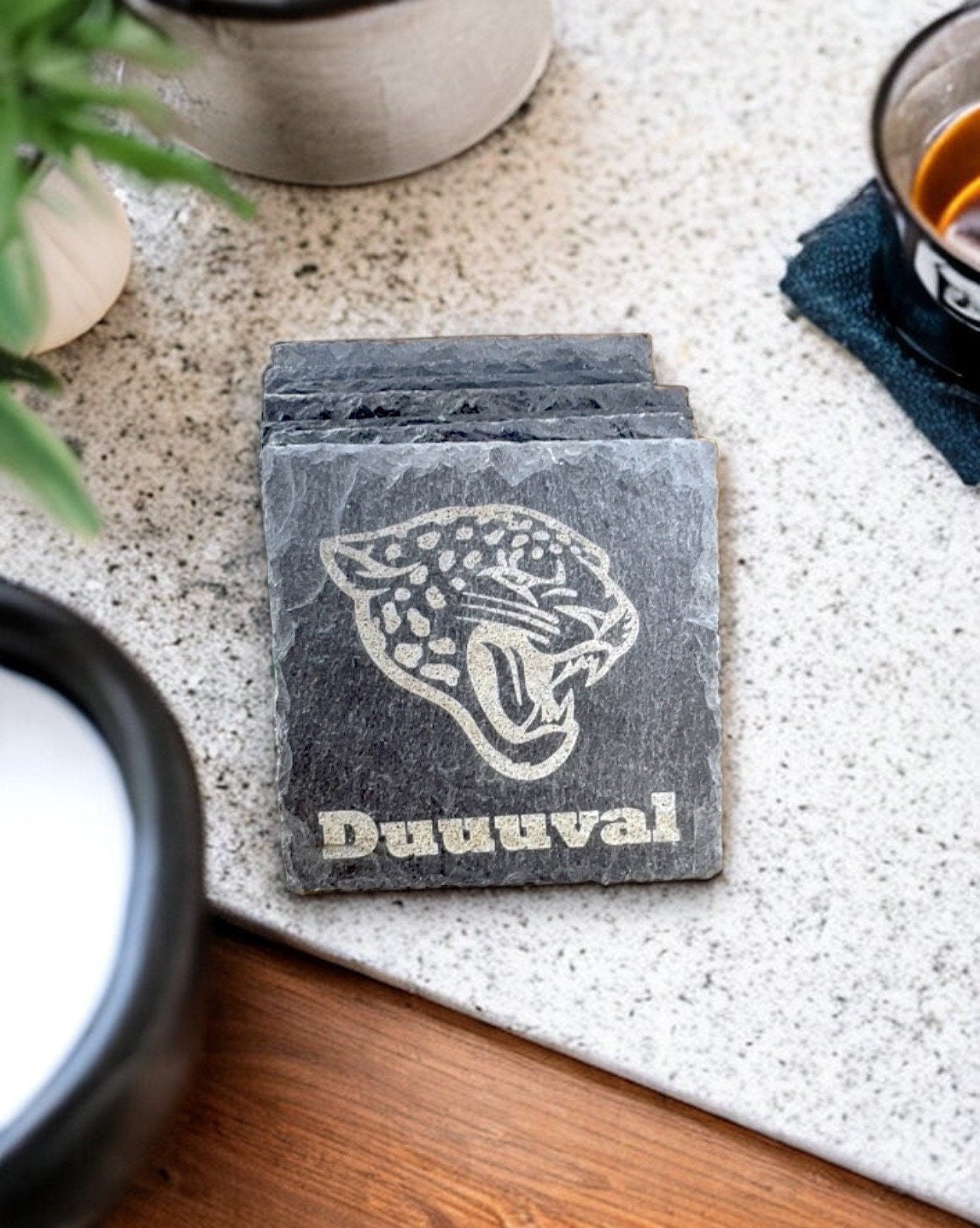 Duuuval Jags themed engraved slate coaster set