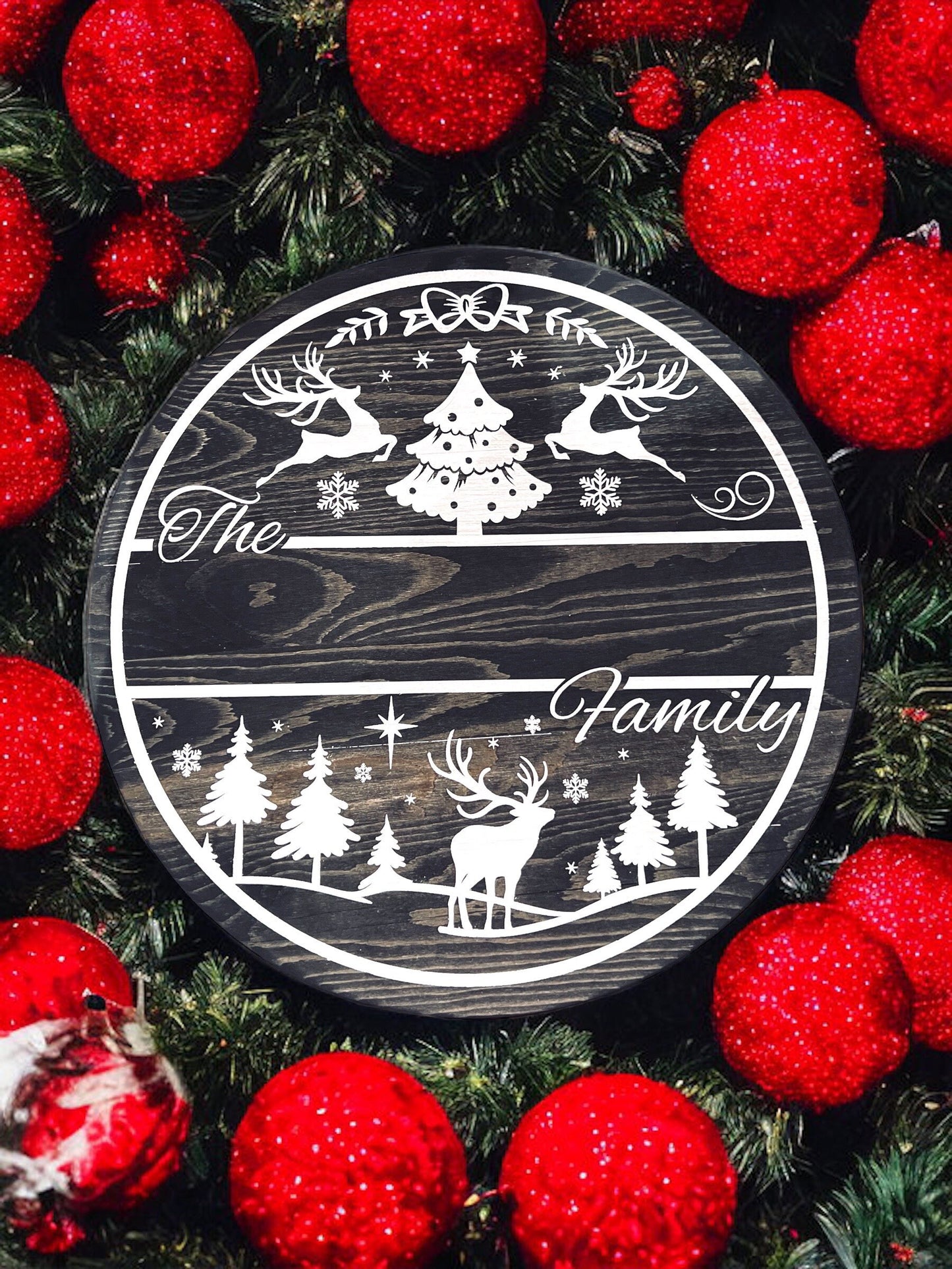 Personalized Rustic Christmas Door Hanger Sign - 15" Round Solid Wood