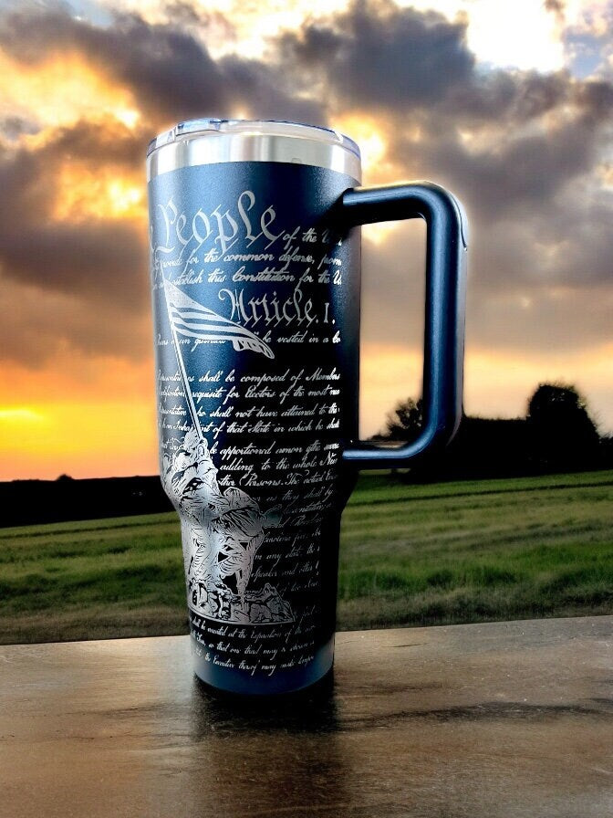 Veteran, We the People, custom engraved 40 oz Dupe Tumbler with handle.
