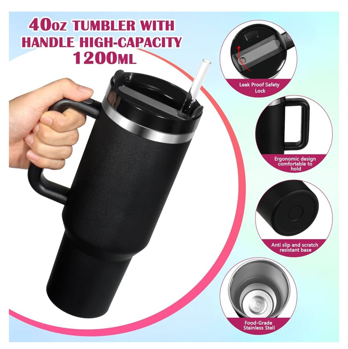 ACOTAR, Velaris, 40 oz spill proof tumbler with handle. Black Chroma Dupe, Laser engraved insulated tumbler. Book lover gift.