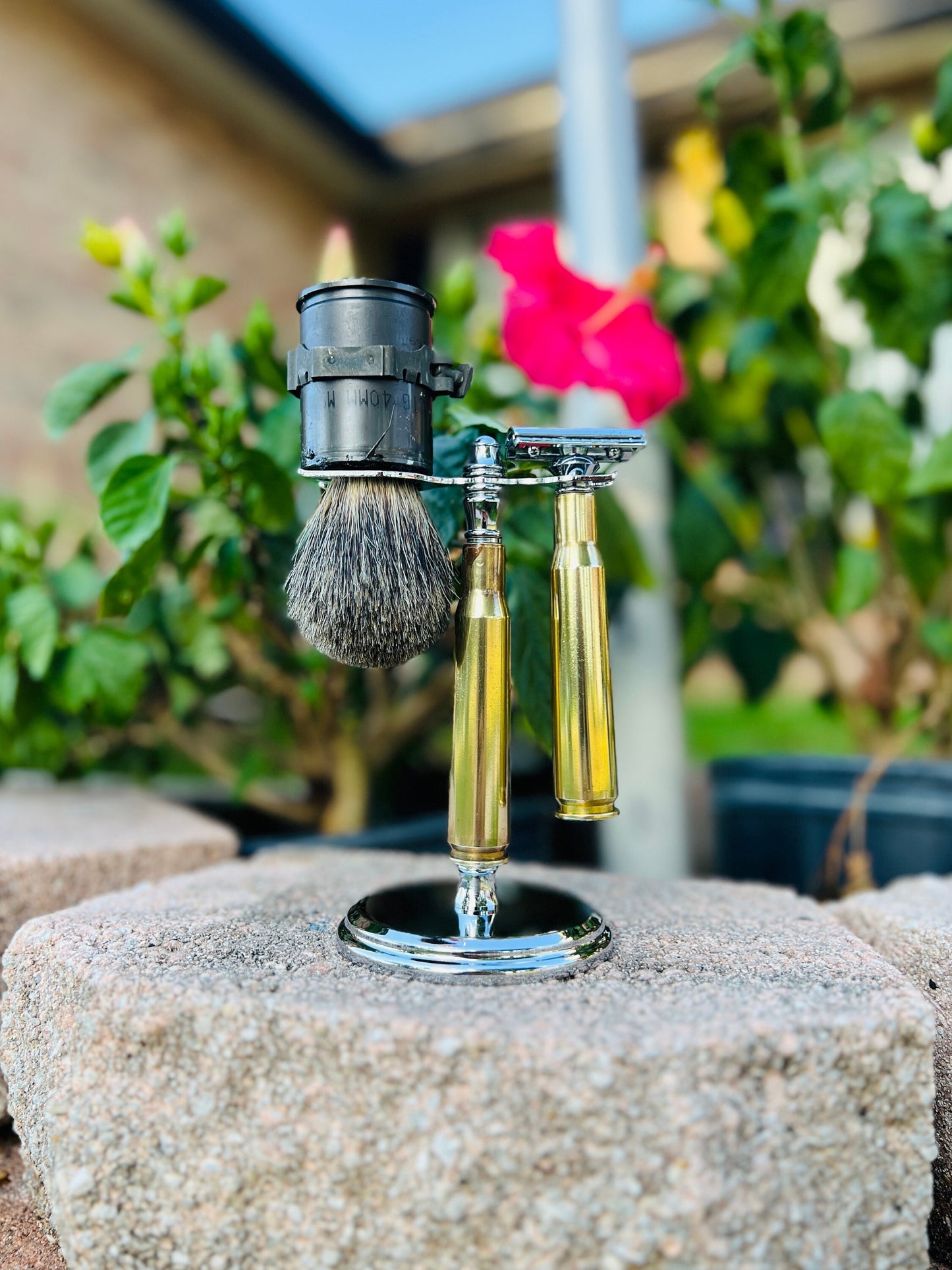 2A Custom Ammo Shell Shave Set with DE Safety or Gillette Razor head and Badger Hair Brush.
