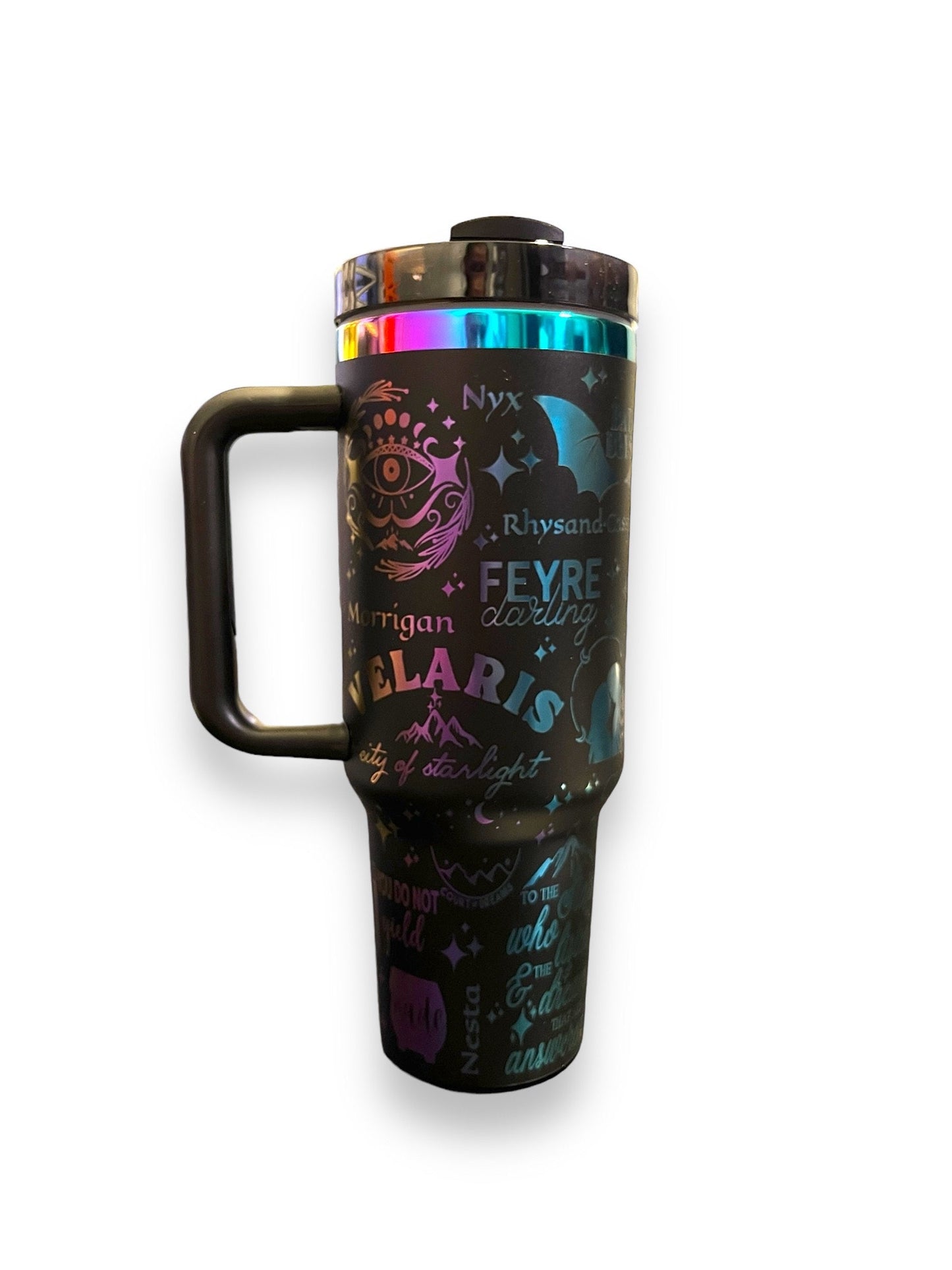 ACOTAR, Velaris, 40 oz spill proof tumbler with handle. Black Chroma Dupe, Laser engraved insulated tumbler. Book lover gift.
