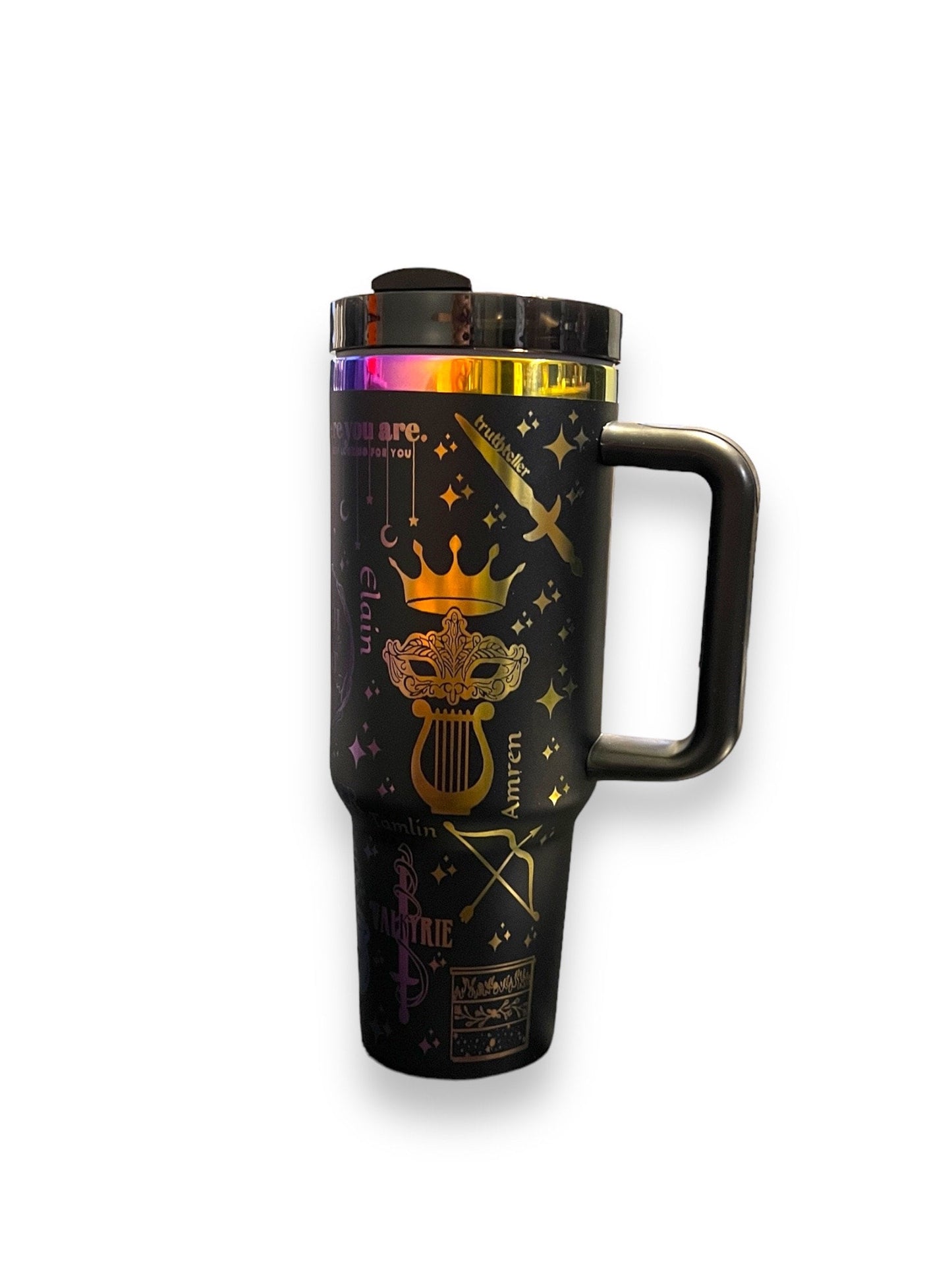 ACOTAR, Velaris, 40 oz spill proof tumbler with handle. Black Chroma Dupe, Laser engraved insulated tumbler. Book lover gift.