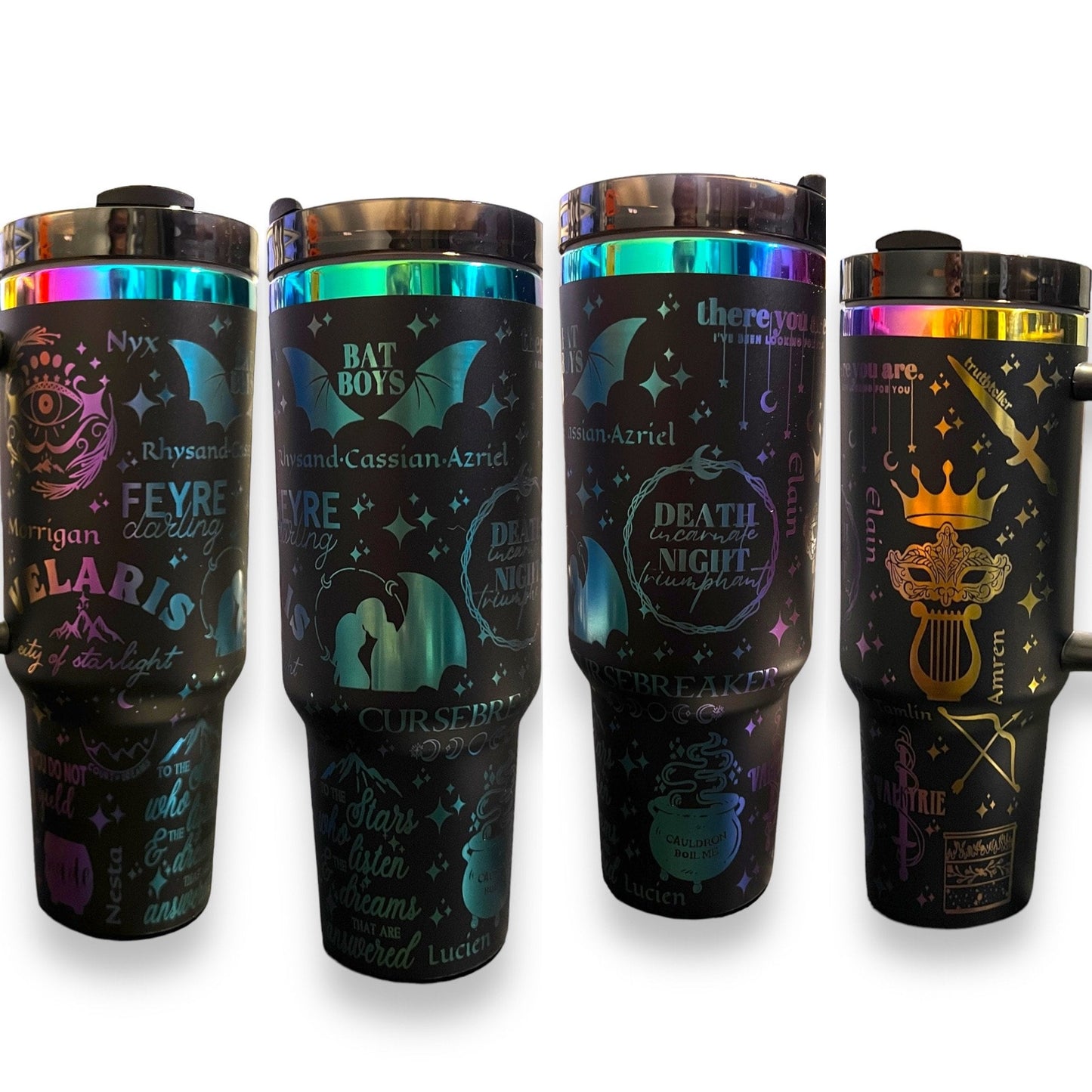 ACOTAR, Velaris, 40 oz spill proof tumbler with handle. Black Chroma Dupe, Laser engraved insulated tumbler. Book lover gift.