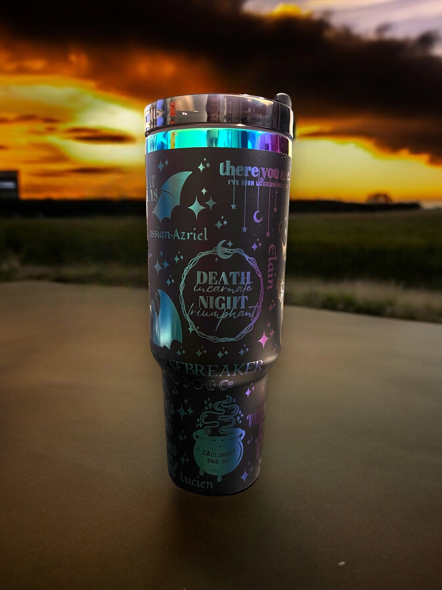 ACOTAR, Velaris, 40 oz spill proof tumbler with handle. Black Chroma Dupe, Laser engraved insulated tumbler. Book lover gift.