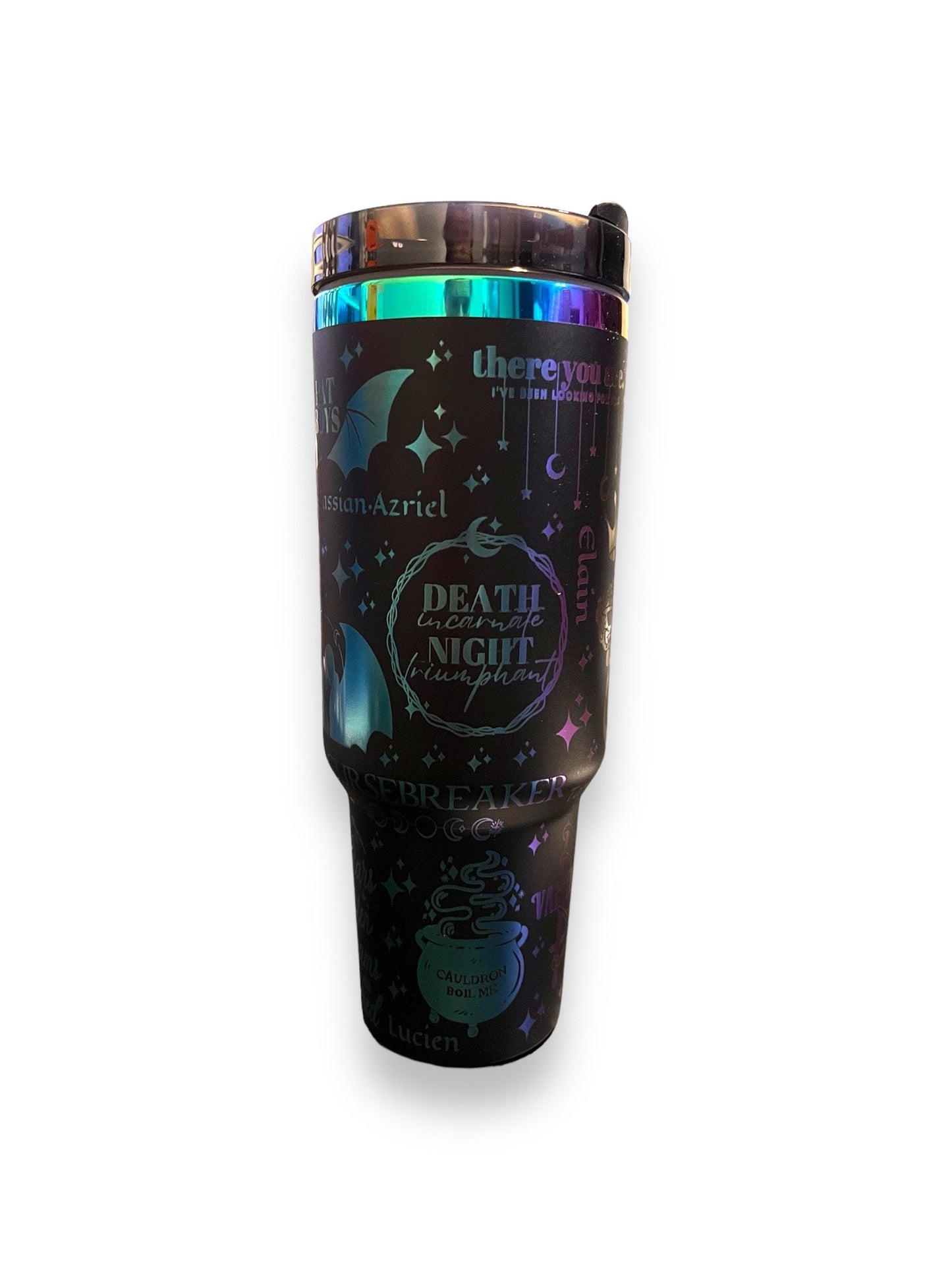 ACOTAR, Velaris, 40 oz spill proof tumbler with handle. Black Chroma Dupe, Laser engraved insulated tumbler. Book lover gift.