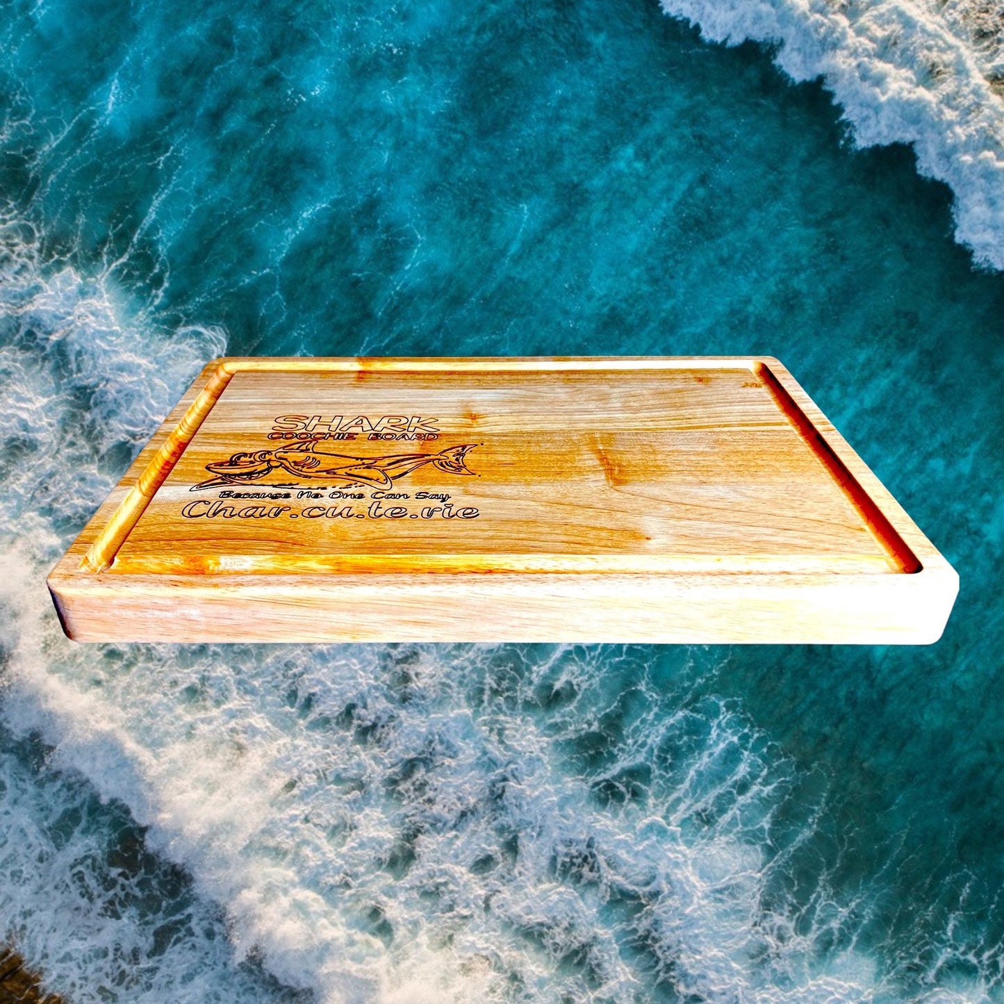 Custom Engraved Shark Coochie Board, Acacia Wood Butcher Block Cutting Board with juice grooves.