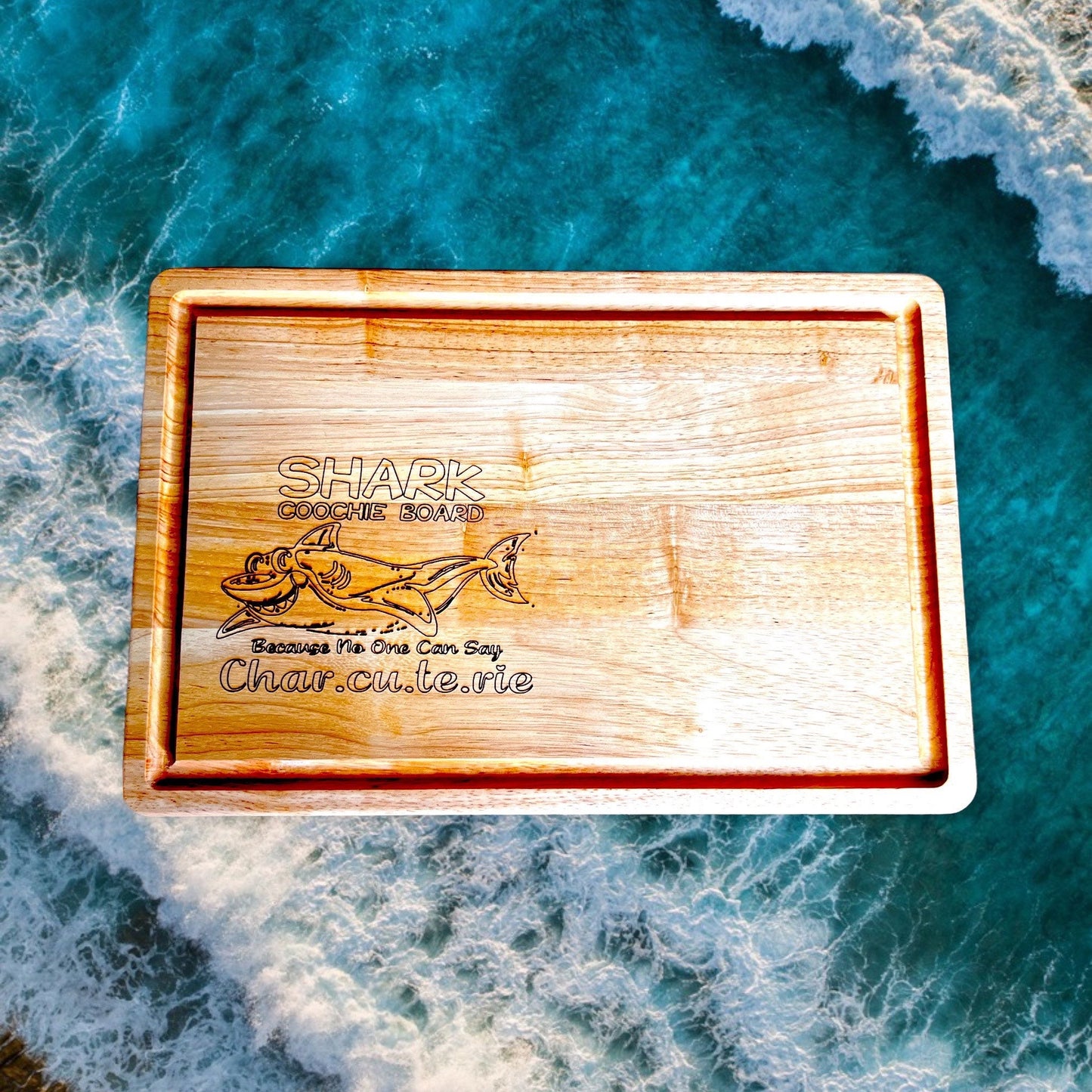 Custom Engraved Shark Coochie Board, Acacia Wood Butcher Block Cutting Board with juice grooves.