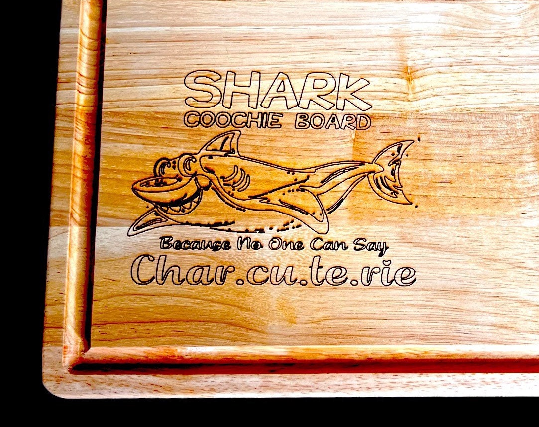 Custom Engraved Shark Coochie Board, Acacia Wood Butcher Block Cutting Board with juice grooves.