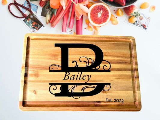 Split Monogram Customizable Cutting Board, Family Name, Acacia wood, wedding gift.