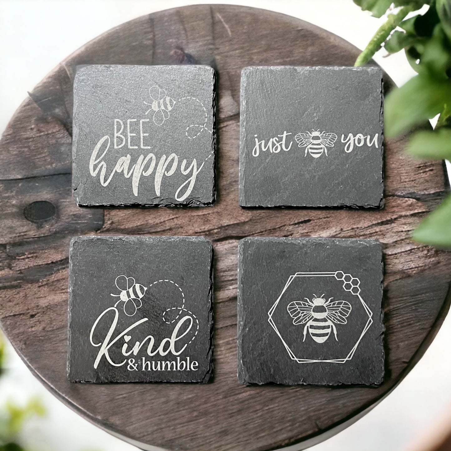 Just Bee Kind engraved slate coaster set