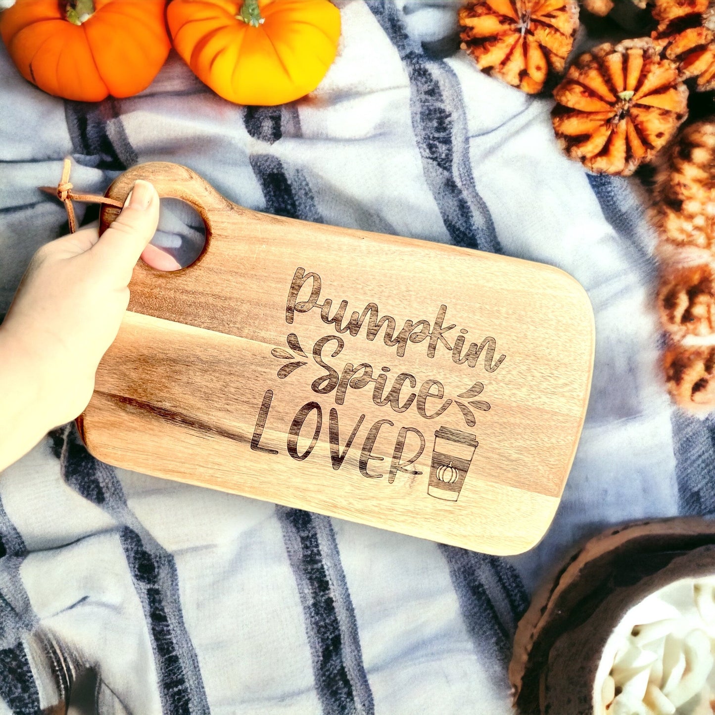 Pumpkin Spice Lover Acacia Wood Bread Board, chopping board with handle