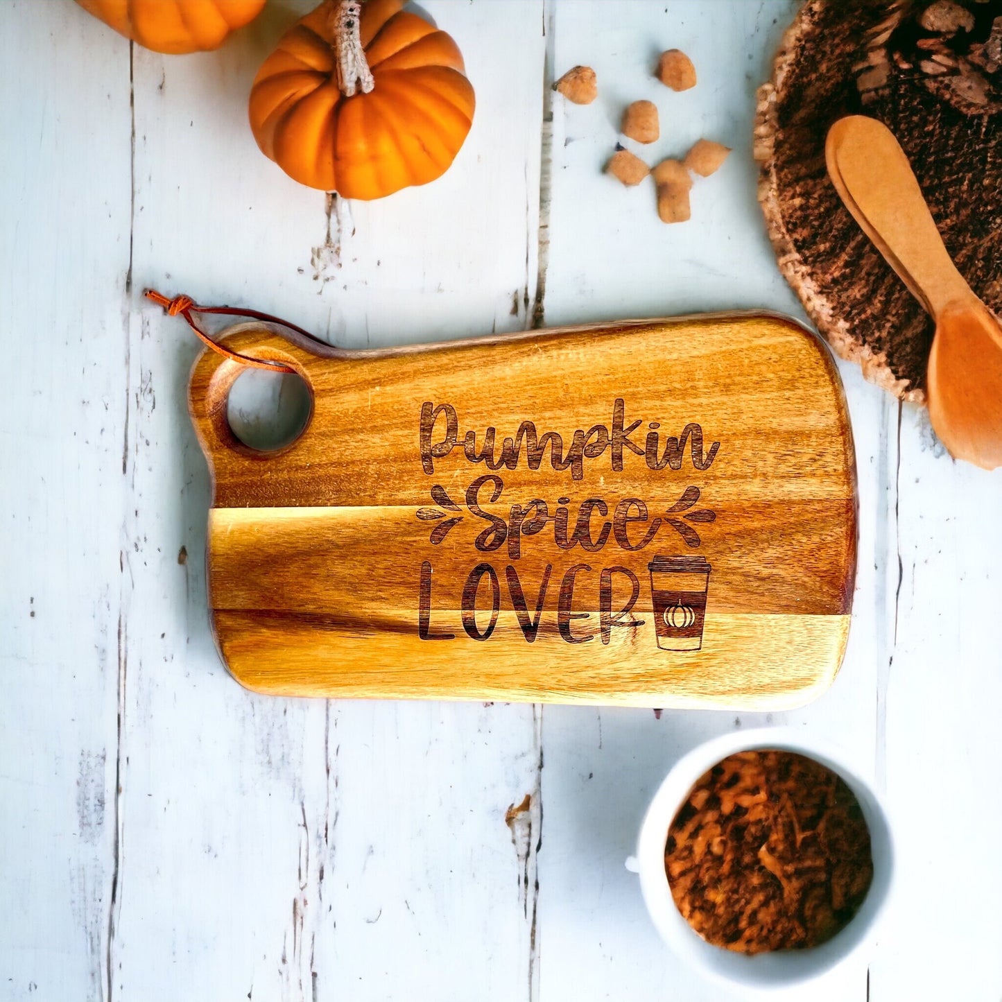 Pumpkin Spice Lover Acacia Wood Bread Board, chopping board with handle