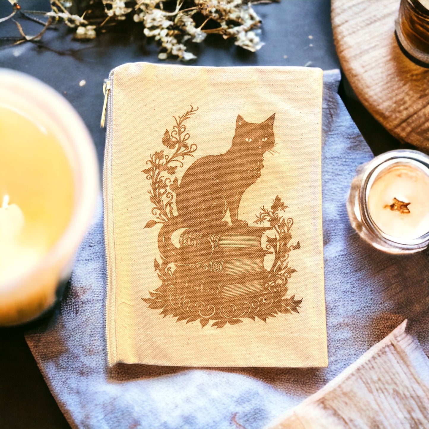 XL Black Cat on Books canvas bag