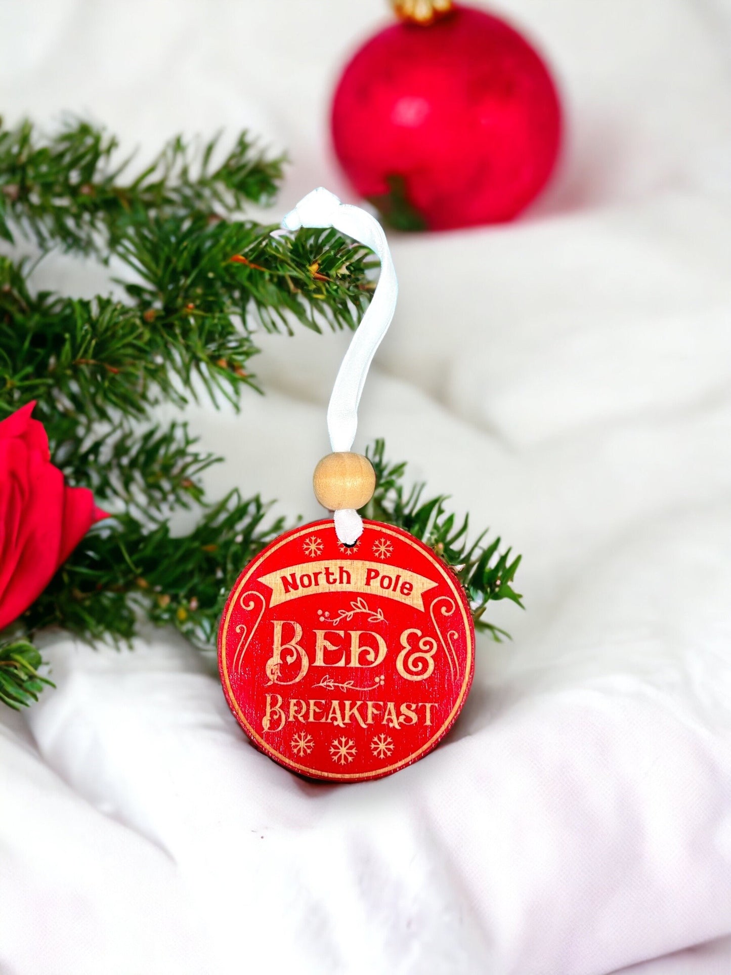 Handcrafted Wood Traditional Style Christmas Ornaments with velvet ribbons