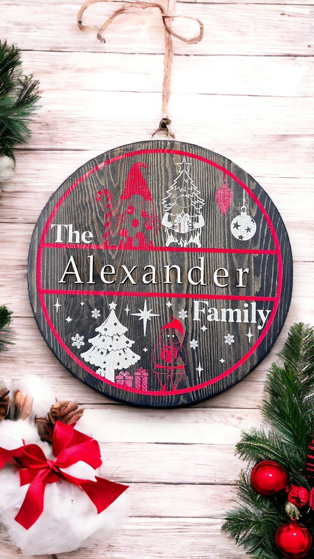 Personalized Christmas Door Hanger Sign - 15" Round Solid Wood