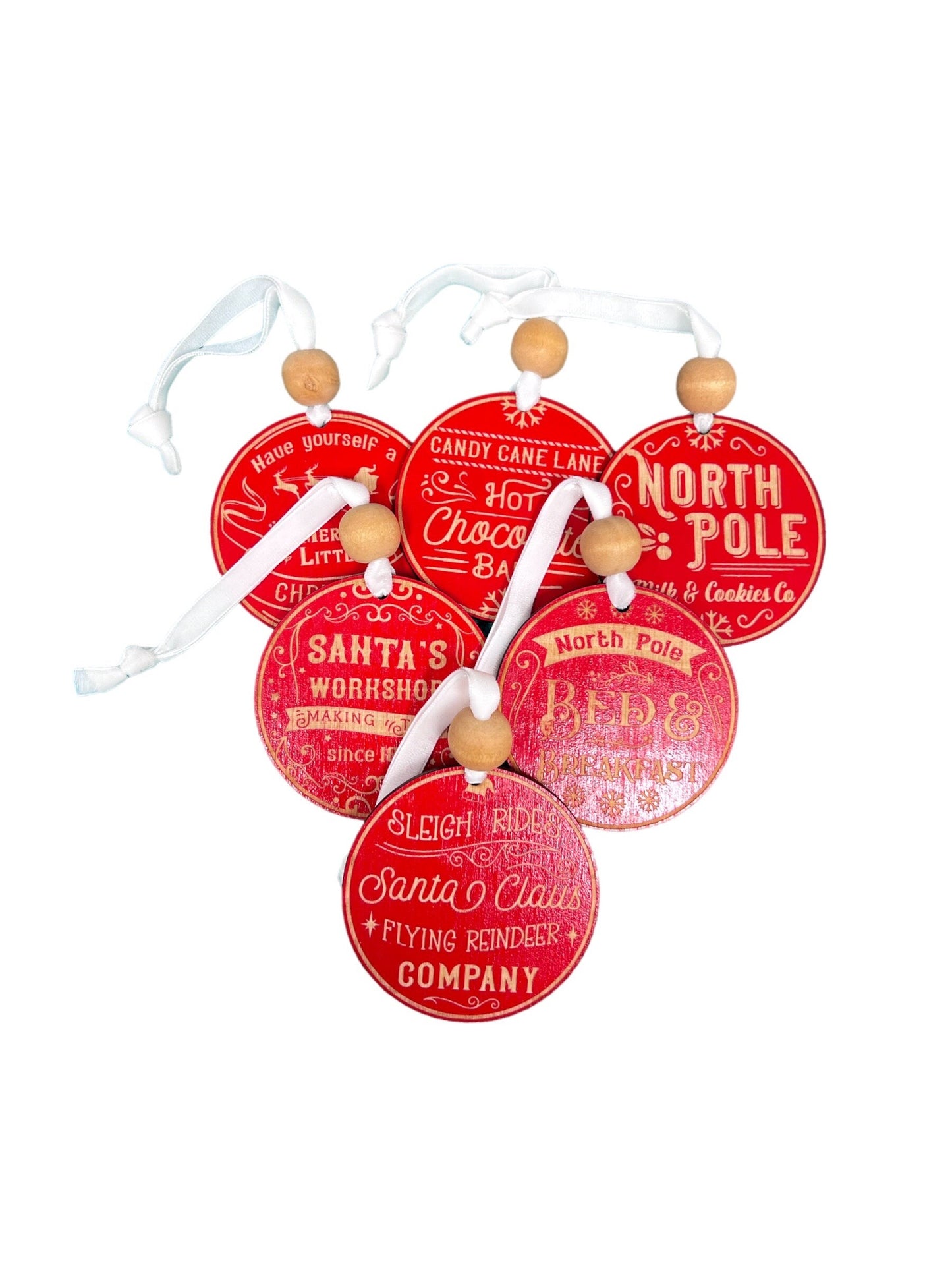 Handcrafted Wood Traditional Style Christmas Ornaments with velvet ribbons