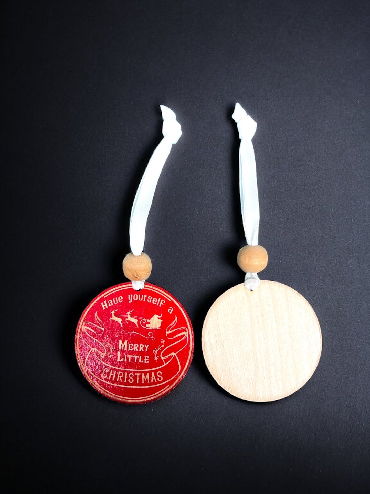 Handcrafted Wood Traditional Style Christmas Ornaments with velvet ribbons