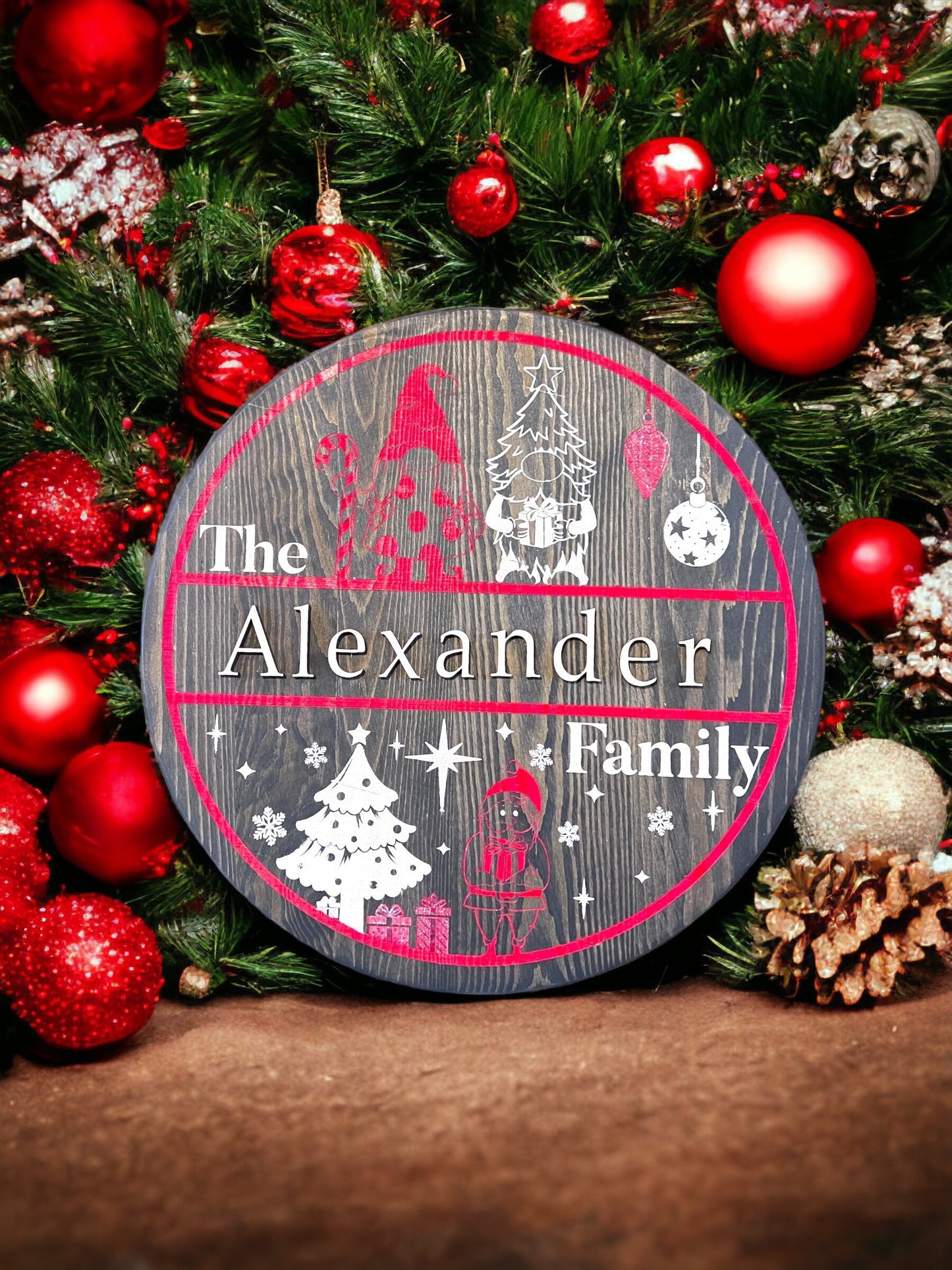 Personalized Christmas Door Hanger Sign - 15" Round Solid Wood