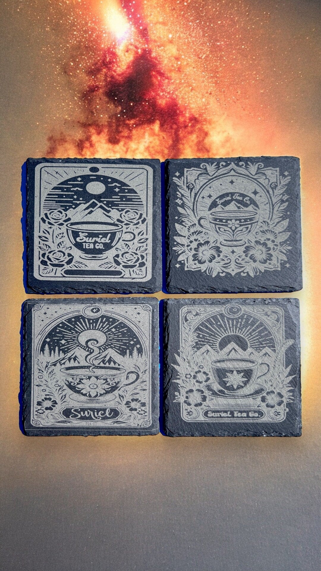 Surial Tea Co Book themed Tarot Card slate coasters