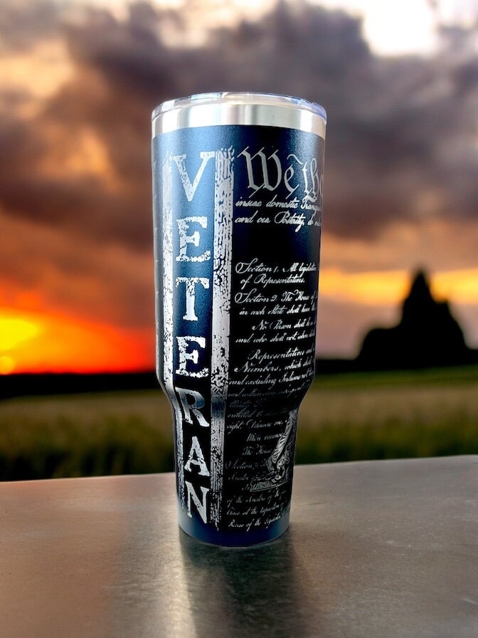 Veteran, We the People, custom engraved 40 oz Dupe Tumbler with handle.