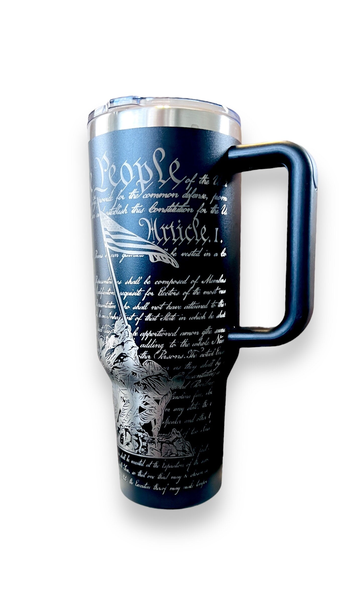 Veteran, We the People, custom engraved 40 oz Dupe Tumbler with handle.