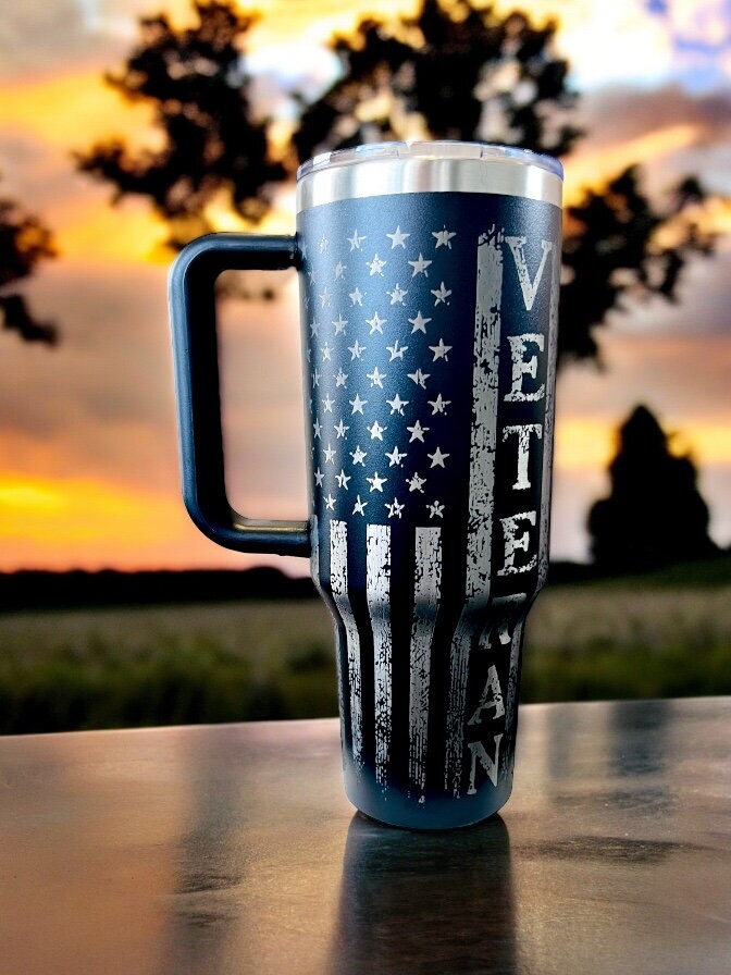 Veteran, We the People, custom engraved 40 oz Dupe Tumbler with handle.