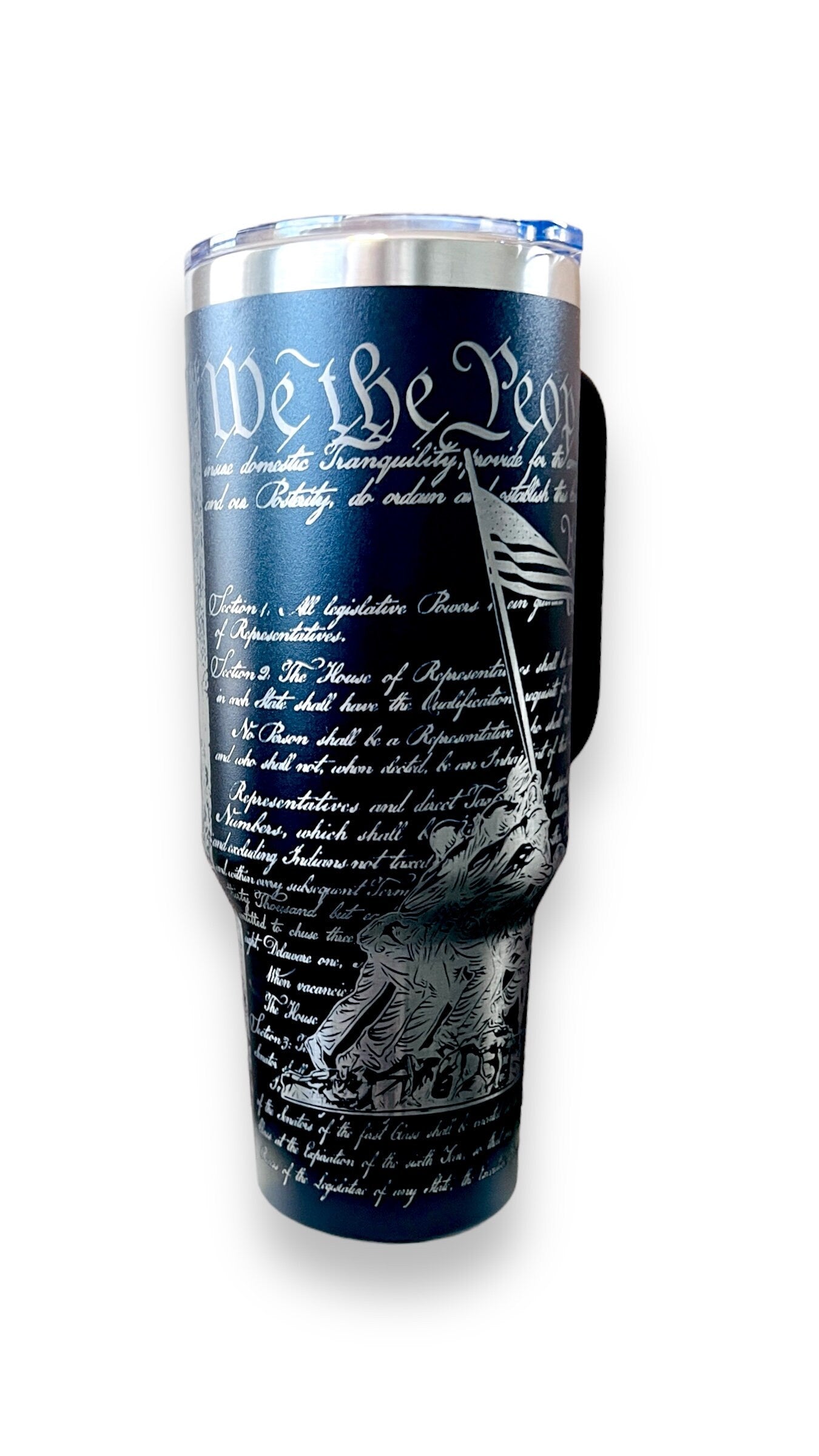 Veteran, We the People, custom engraved 40 oz Dupe Tumbler with handle.