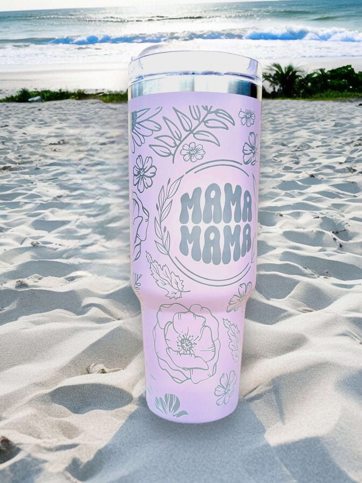 MAMA, Floral Print, Engraved 40 oz spill proof Tumbler with straw. Hot/Cold Dupe. Gift for new Mom, baby shower gift