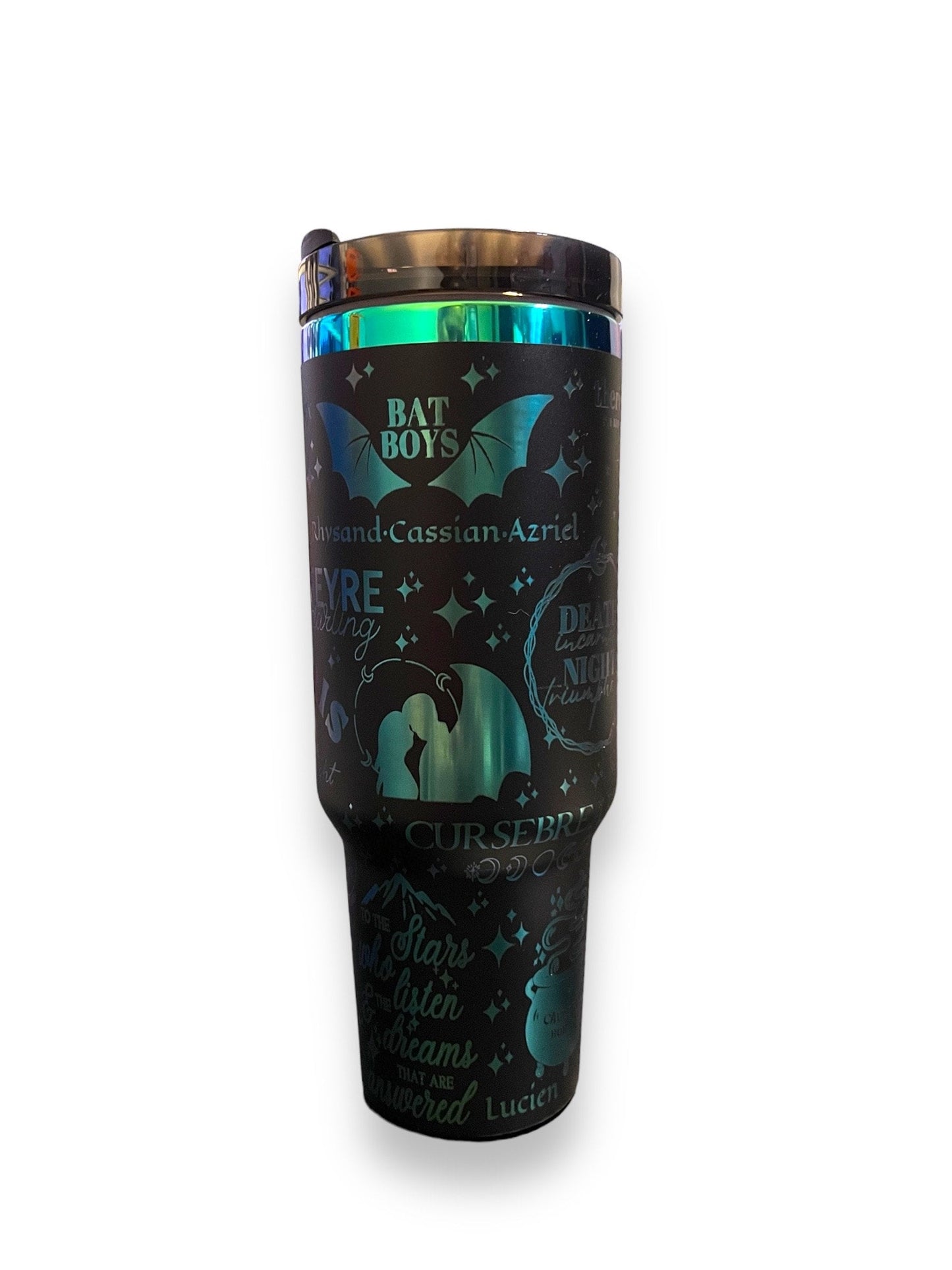 ACOTAR, Velaris, 40 oz spill proof tumbler with handle.  Black Chroma Dupe,  Laser engraved insulated tumbler. Book lover gift.